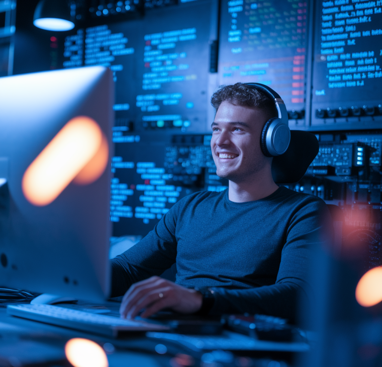 Homme souriant portant un casque, travaillant sur un ordinateur dans un environnement technologique.