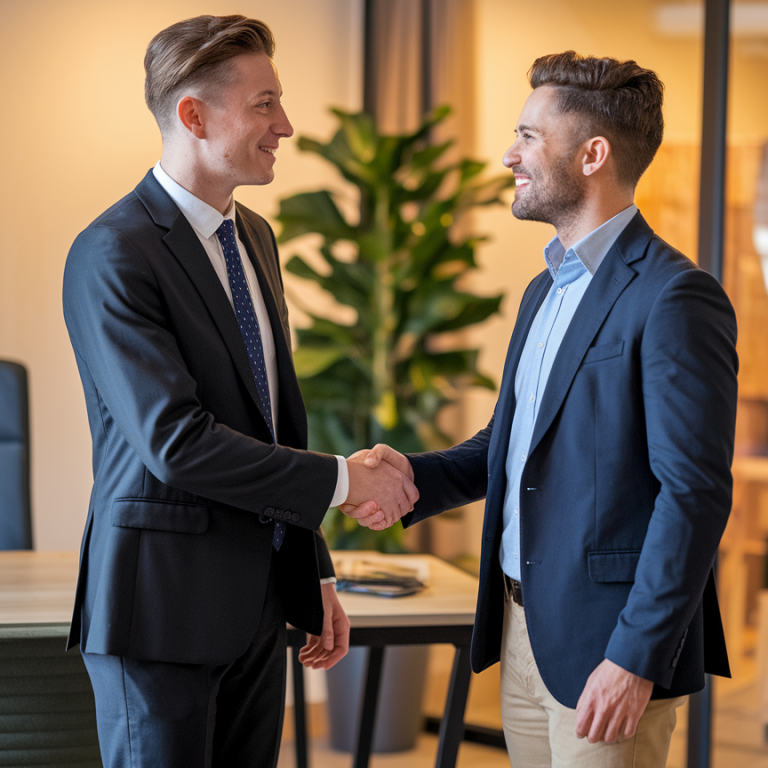 Deux hommes en costume se serrent la main dans un bureau moderne.
