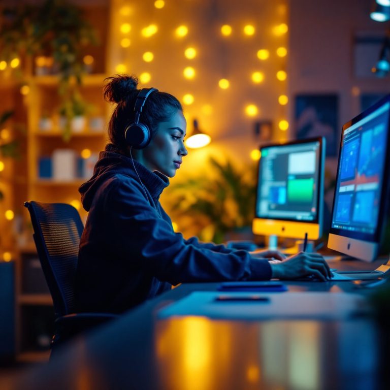 Personne travaillant sur un ordinateur dans un environnement lumineux et chaleureux.