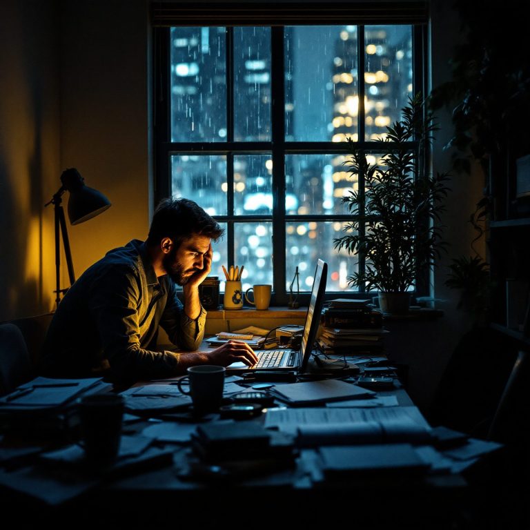 Homme pensif travaillant tard, éclairé par un ordinateur, avec vue sur une ville illuminée.