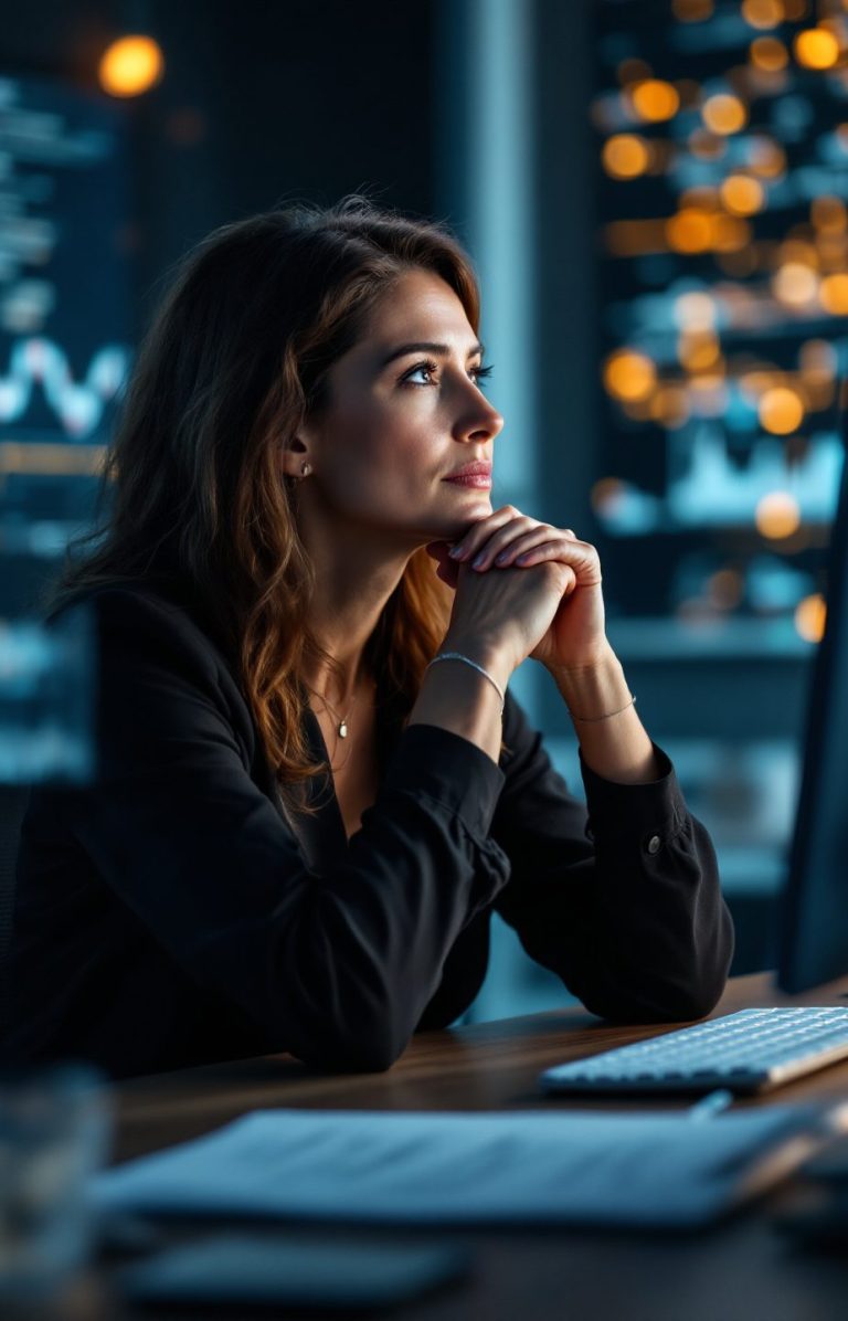 Femme pensive, main sous le menton, devant un ordinateur dans un éclairage tamisé.