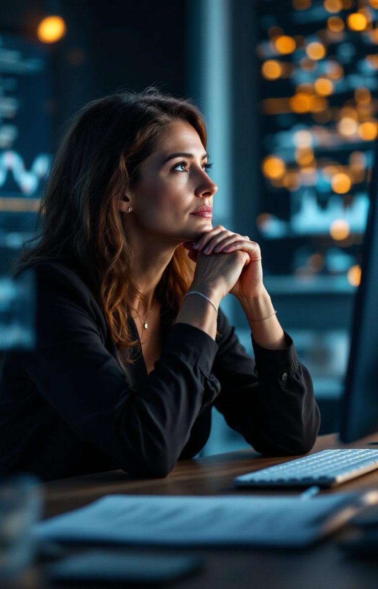Femme pensive, main sous le menton, devant un ordinateur dans un éclairage tamisé.