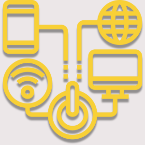 Icônes de connexion : téléphone, Wi-Fi, écran et globe terrestre interconnectés.