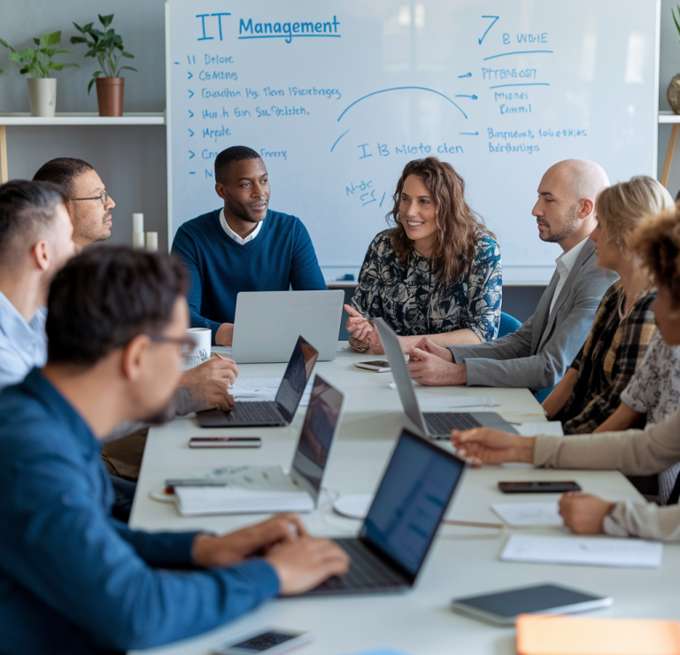 Réunion professionnelle autour d'une table, discutant de la gestion informatique.