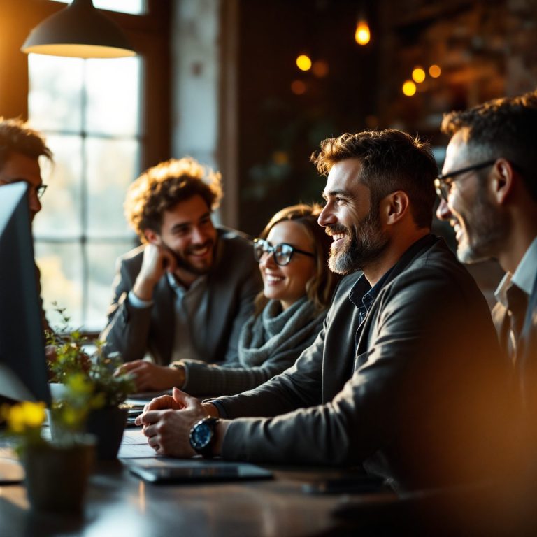 Groupe de cinq personnes souriantes discutant autour d'un ordinateur dans un café.